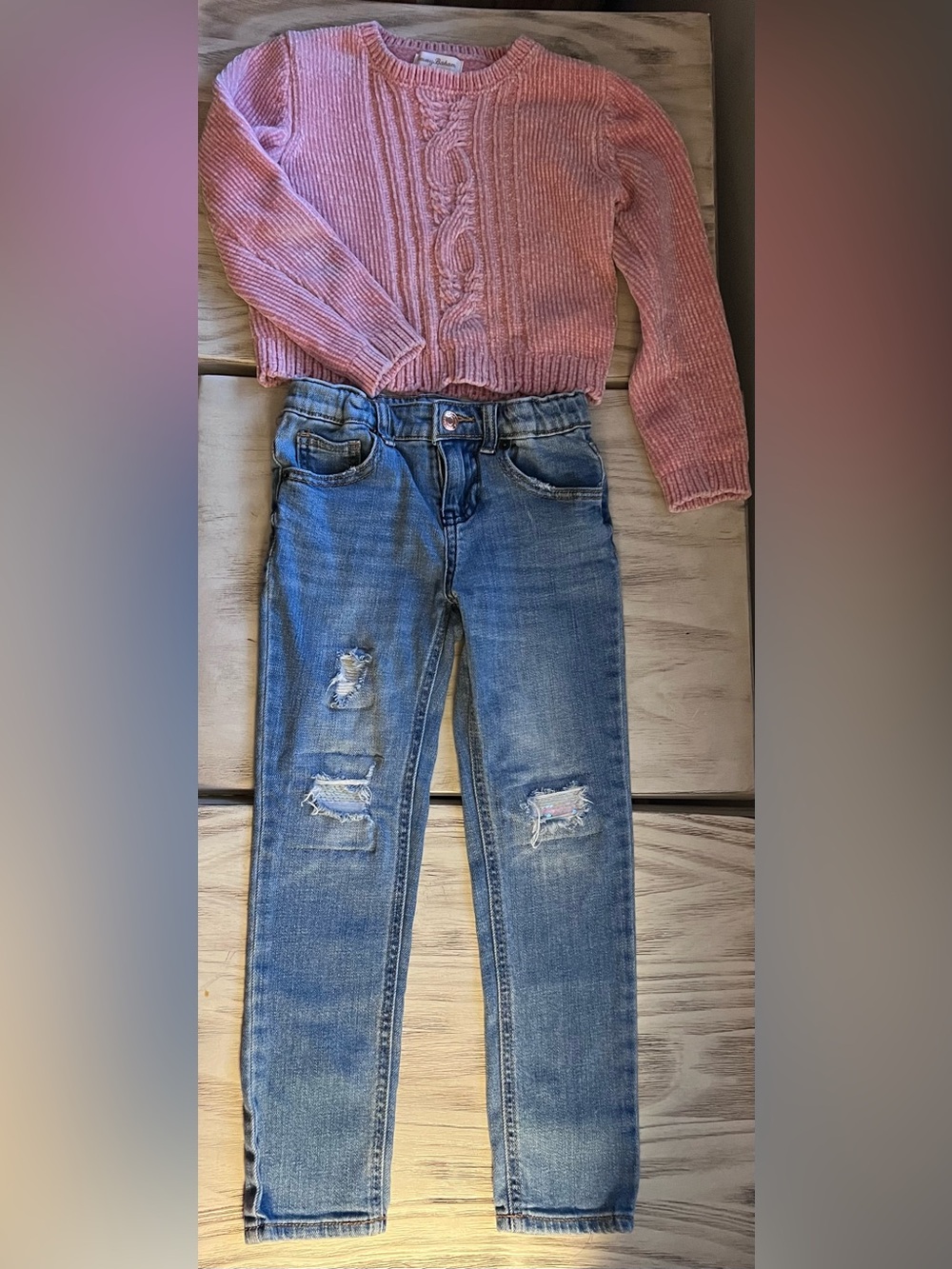 Girls Size 6 Outfit Tommy Bahama Pink Chenille Sweater Sequin Jeans